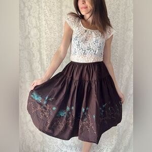 Vintage 90s Brown Tiered Midi Skirt With Blue Floral Embroidery USA Made